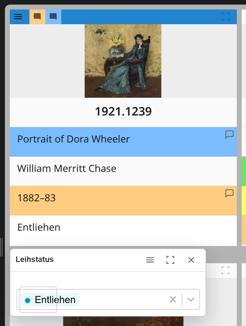 Galerie der Sonderausstellung 2026. An einer Karte ist das Feld Leihstatus angeklickt, darüber steht der Einzelfeld-Editor mit der Auswahlliste des Feldes.