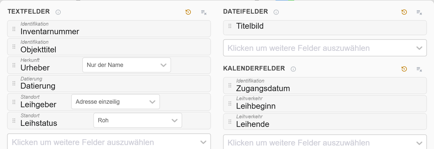 Ansichtseinstellungen der Sonderausstellung 2026. Links die Textfelder Inventarnummer, Objekttitel, Urheber, Datierung, Leihgeber und Leihstatus mit Anfassern zum Ziehen, rechts die Dateifelder mit Titelbild und die Kalenderfelder.