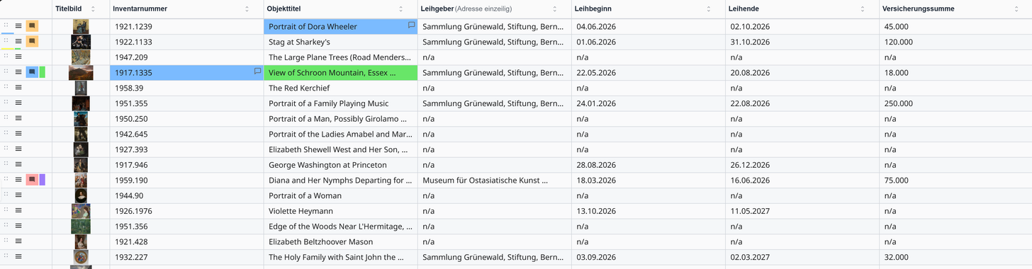 Tabelle der Sonderausstellung 2026 mit der Miniaturspalte Titelbild und den Spalten Inventarnummer, Objekttitel, Leihgeber, Leihbeginn, Leihende und Versicherungssumme.