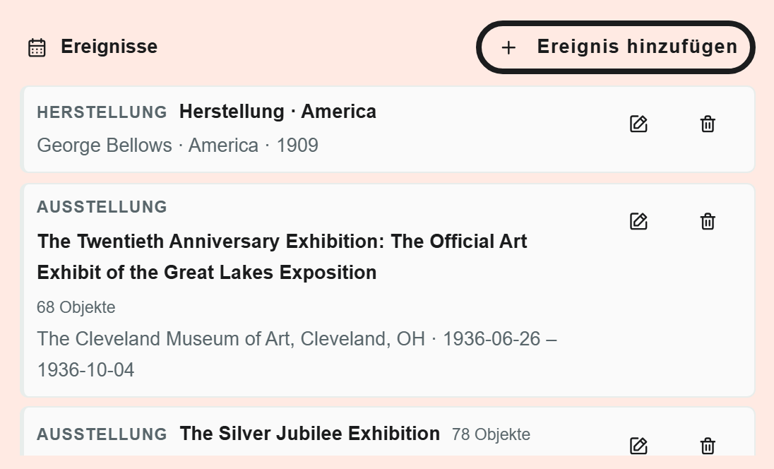 Ereignisbereich im Layout Erfassung von Stag at Sharkey’s mit der Schaltfläche Ereignis hinzufügen und den Ereignissen Herstellung und zwei Ausstellungen mit Ort und Zeitraum.