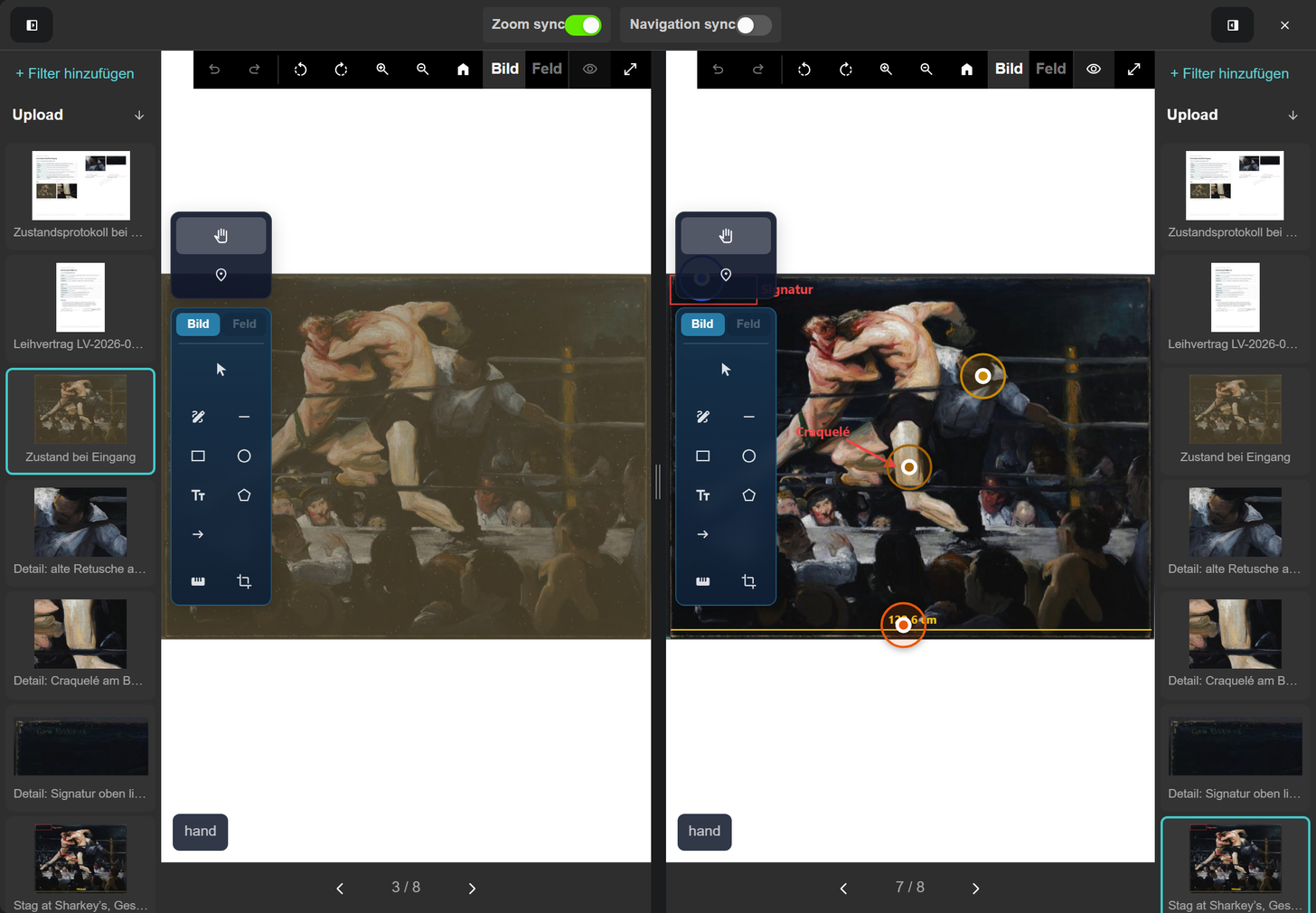 Bildvergleich an Stag at Sharkey’s: links das Zustandsfoto bei Eingang, rechts das Titelbild mit seinen Markierungen, oben Zoom sync eingeschaltet und Navigation sync, am Rand die Dateilisten beider Seiten.