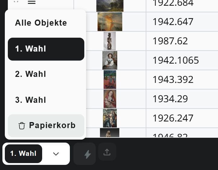 Fußleiste der Projektseite mit aufgeklapptem Wahl-Filter: Alle Objekte, 1. Wahl, 2. Wahl, 3. Wahl und Papierkorb.