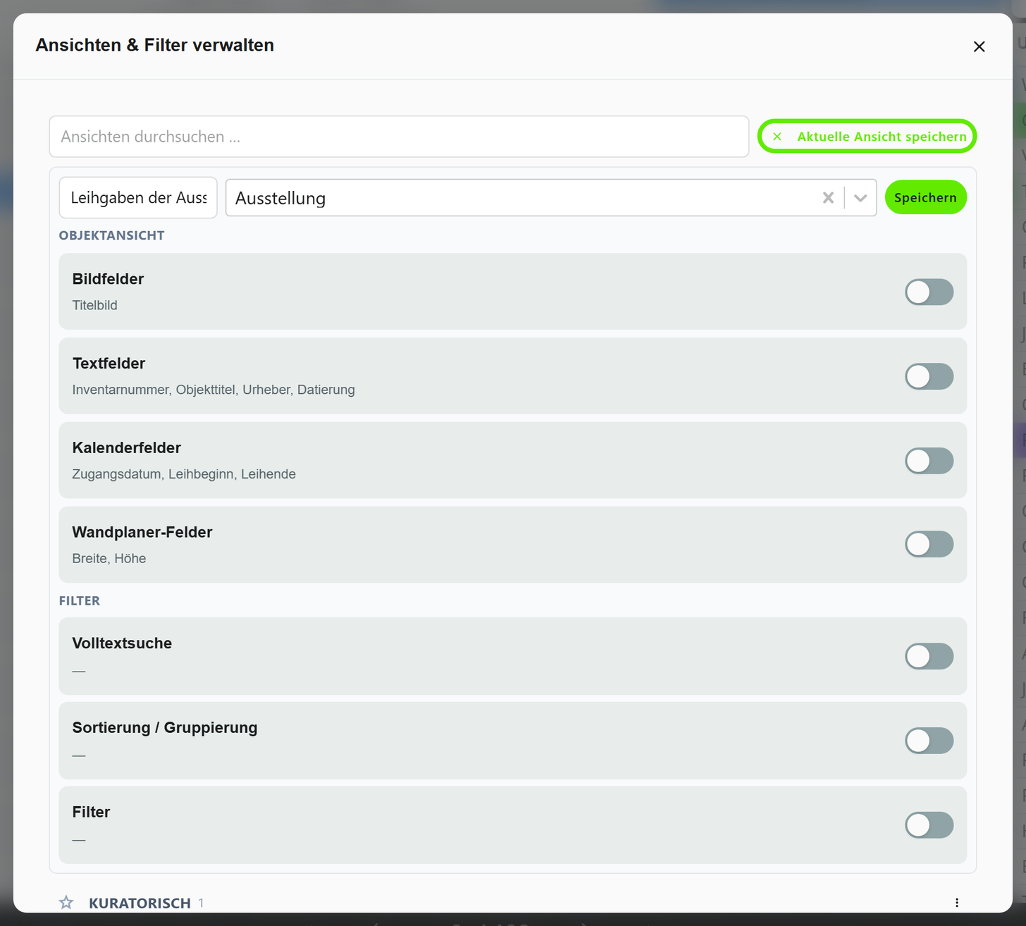Dialog Ansichten und Filter verwalten mit dem Bereich Aktuelle Ansicht speichern. Eingetragen sind ein Name und die Kategorie Ausstellung, darunter die Teile Objektansicht mit Bild-, Text-, Kalender- und Wandplaner-Feldern und Filter mit Volltextsuche, Sortierung und Detailsuche.