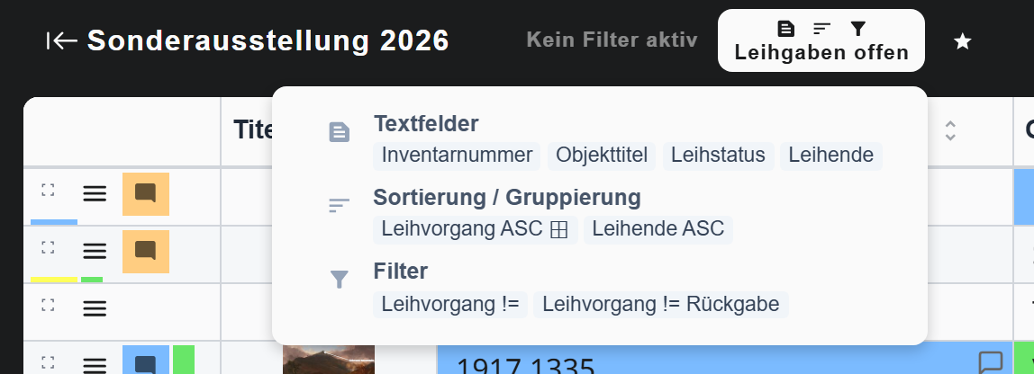 Favorit Leihgaben offen in der Kopfzeile der Sonderausstellung 2026. Das Aufklappfenster zeigt, was die Ansicht enthält: Textfelder, Sortierung und Gruppierung nach Leihvorgang und den Filter auf den Leihvorgang, je Teil mit seinem Symbol.