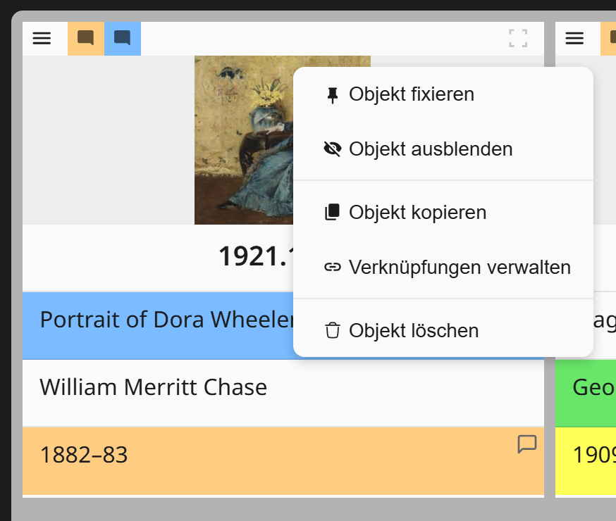 Galerie-Karte der Sonderausstellung 2026 mit geöffnetem Objektmenü: Objekt fixieren, Objekt ausblenden, Objekt kopieren, Verknüpfungen verwalten und Objekt löschen.