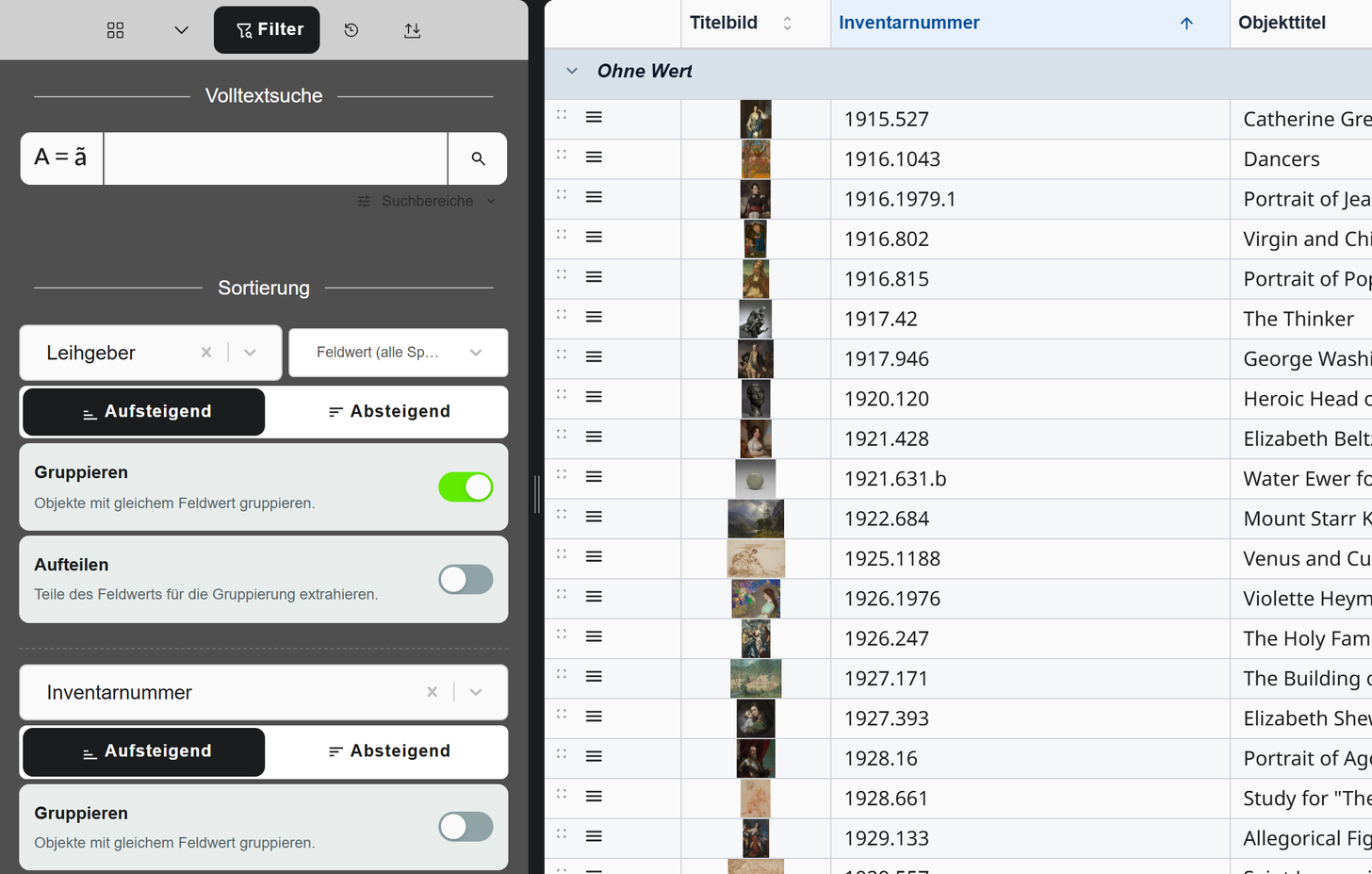 Bereich Sortierung im Reiter Filter mit zwei Stufen: oben Leihgeber, aufsteigend und mit eingeschaltetem Schalter Gruppieren, darunter Inventarnummer. Rechts die gruppierte Tabelle, nach Inventarnummer sortiert, oben die Gruppe Ohne Wert.