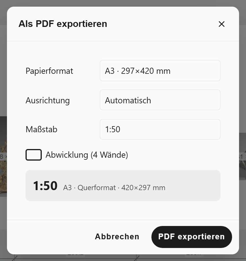 Dialog Als PDF exportieren für die Nordwand von Saal 202 mit Papierformat A3, Ausrichtung Automatisch, Maßstab 1:50 und der Ergebniszeile mit Maßstab und Blattgröße.