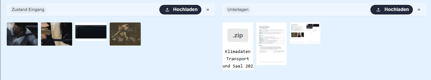 Zwei Dateibereiche nebeneinander im Abschnitt Dokumentation des Layouts Leihverkehr: links „Zustand Eingang“ mit Zustandsfotos, rechts „Unterlagen“ mit einem ZIP-Archiv der Klimadaten und zwei PDF-Dokumenten, jeder Bereich mit dem Knopf Hochladen.
