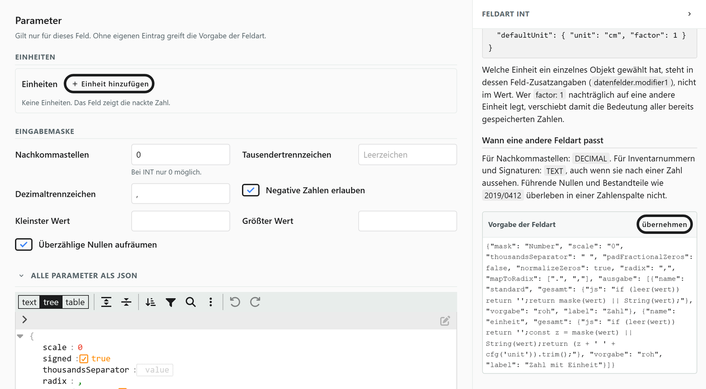 Abschnitt Parameter des Zahlenfelds „Datierung von“ mit aufgeklapptem Bereich „Alle Parameter als JSON“, daneben die Beschreibung der Feldart INT und der Kasten „Vorgabe der Feldart“ mit dem Knopf „übernehmen“.