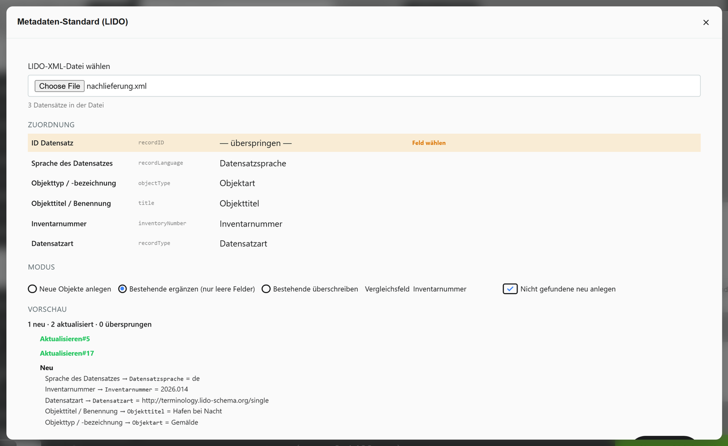 Dialog „Metadaten-Standard (LIDO)“ nach Wahl einer Datei mit drei Datensätzen: oben die Zuordnung der Konzepte zu Feldern, darunter der Modus „Bestehende ergänzen“ mit dem Vergleichsfeld Inventarnummer und die Vorschau mit zwei Datensätzen zum Aktualisieren und einem neuen.
