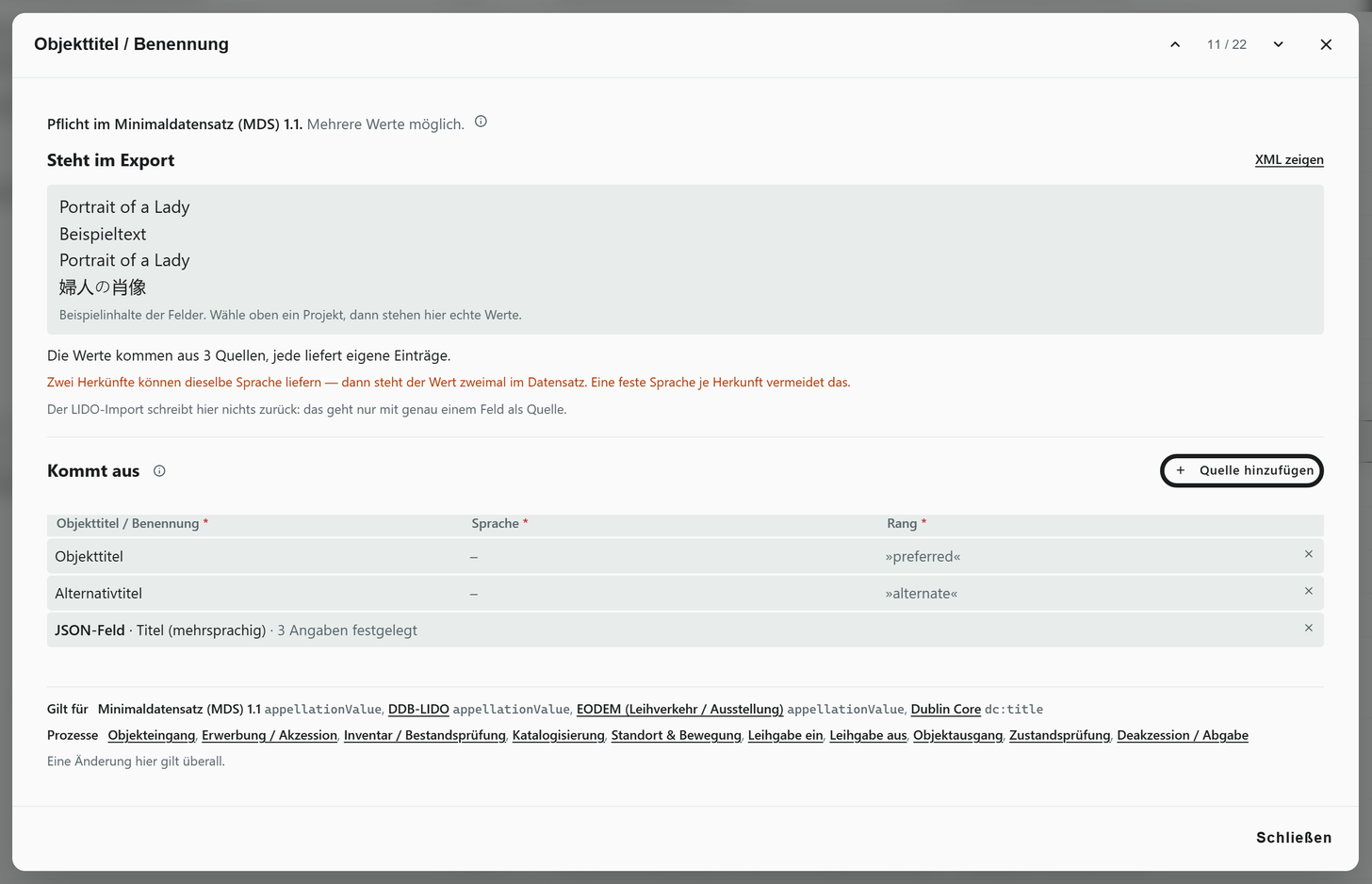 Konzept „Objekttitel / Benennung“ aus dem Minimaldatensatz im Dialog: oben „Steht im Export“ mit den Beispielwerten, darunter „Kommt aus“ mit den Quellen Objekttitel, Alternativtitel und dem JSON-Feld Titel (mehrsprachig), unten die Standards und Prozesse, in denen das Konzept gilt.