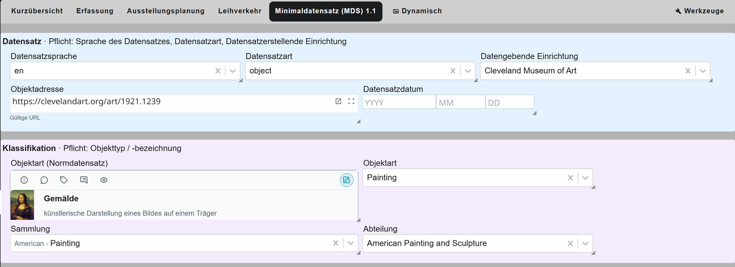 Reiter Minimaldatensatz (MDS) 1.1 an einem Objekt: Fläche Datensatz mit der Überschrift „Pflicht: Sprache des Datensatzes, Datensatzart, Datensatzerstellende Einrichtung“, darunter Fläche Klassifikation mit dem Normdatenfeld Objektart und dem Begriff Gemälde
