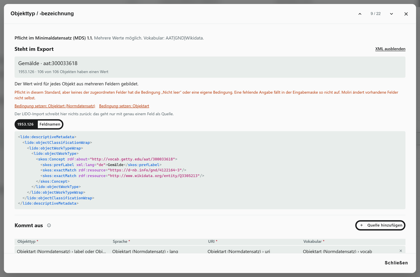 Konzept Objekttyp / -bezeichnung geöffnet: Pflicht, Vokabular AAT, GND, Wikidata, Beispielwert Gemälde mit aat:300033618 und der XML-Ausschnitt mit den URIs