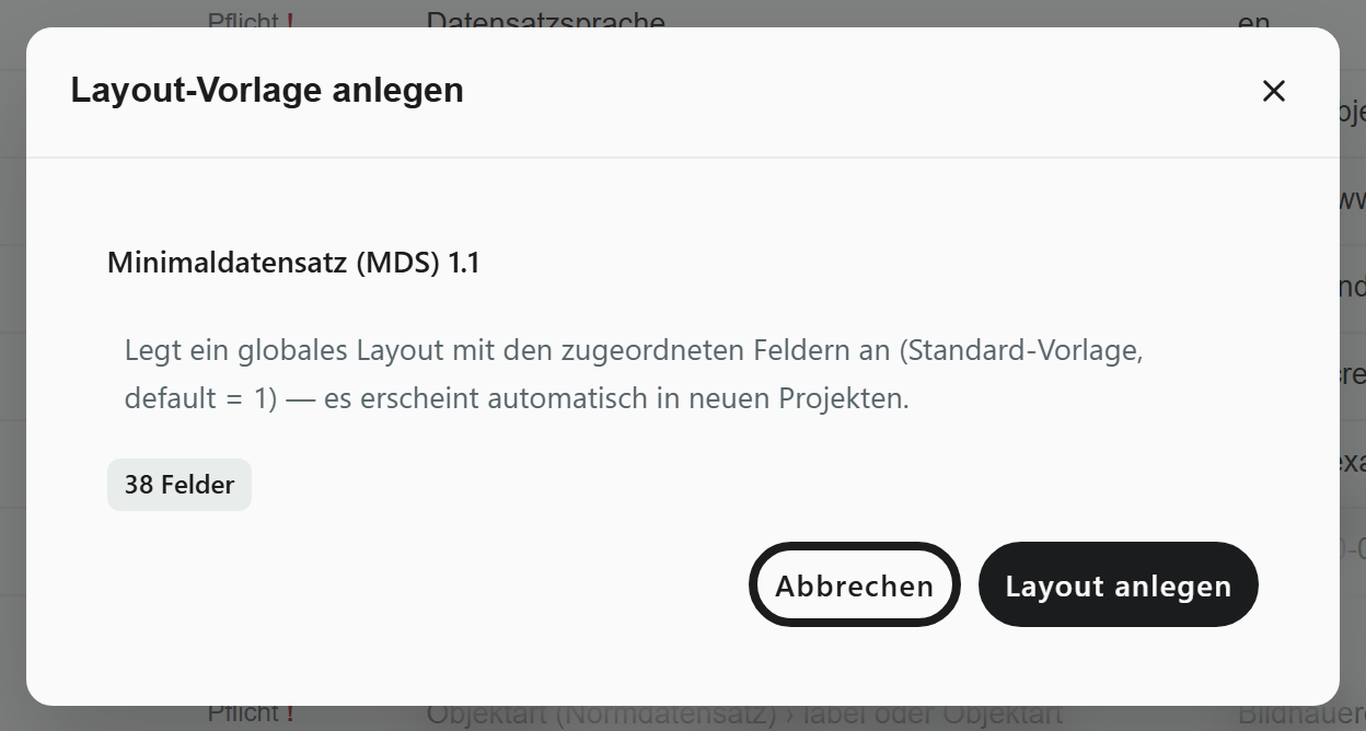 Dialog Layout-Vorlage anlegen für den Minimaldatensatz (MDS) 1.1 mit 39 Feldern