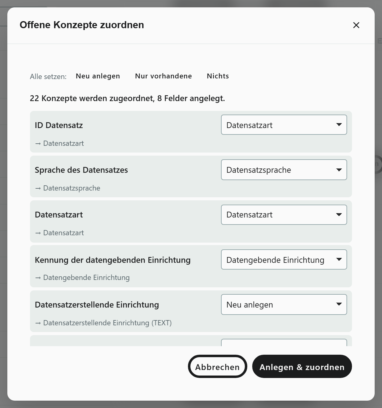 Dialog Offene Konzepte zuordnen: Alle setzen auf Neu anlegen, Nur vorhandene oder Nichts, darunter je Konzept das vorgeschlagene Feld oder Neu anlegen mit Feldart