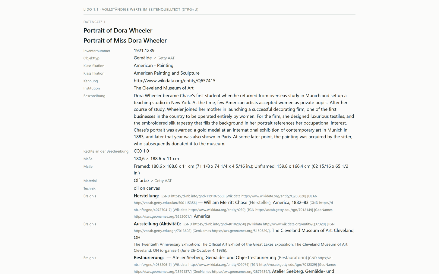 Die Beispieldatei im Browser: Datensatz 1 mit Titel, Inventarnummer, Objekttyp, Klassifikation, Einrichtung, Beschreibung, Maßen, Material und den Ereignissen samt GND-, Wikidata-, TGN- und GeoNames-Kennungen