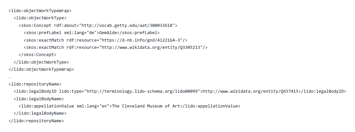 Ausschnitt aus der Exportdatei: objectWorkType als skos:Concept mit Getty-AAT-URI, Benennung Gemälde und exactMatch auf GND und Wikidata, darunter die legalBodyID der verwahrenden Einrichtung als URI