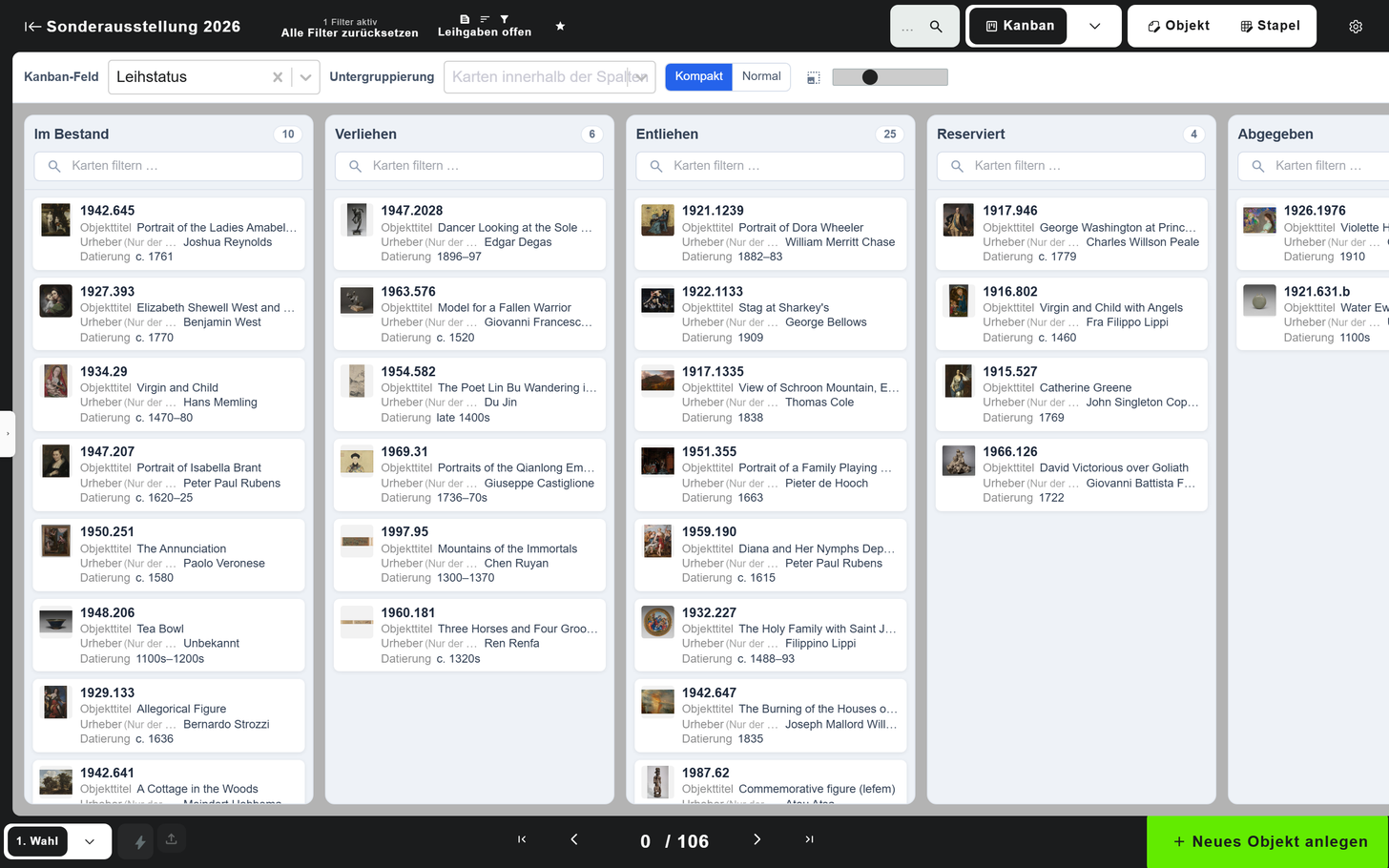 Kanban-Ansicht mit dem Kanban-Feld Leihstatus: je Wert eine Spalte mit Objektkarten, von Im Bestand über Verliehen und Entliehen bis Reserviert
