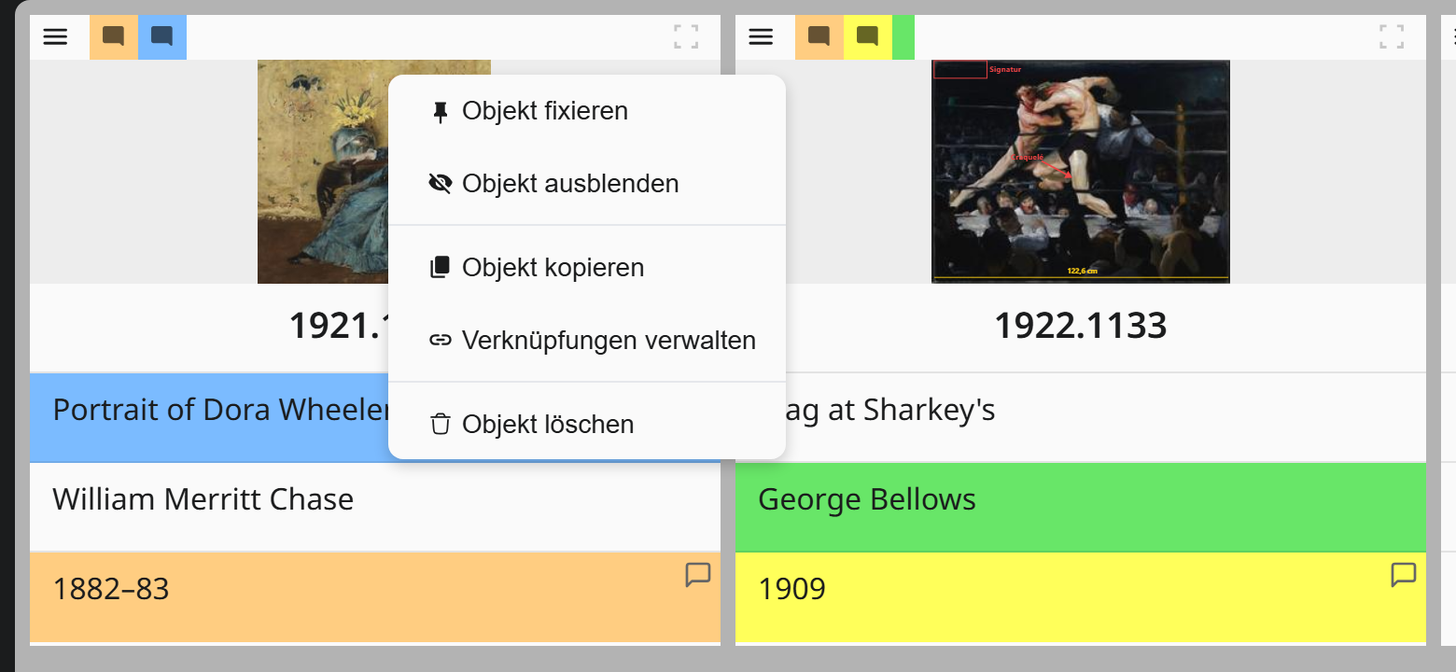 Galeriekarte mit aufgeklapptem Objektmenü: Objekt fixieren, Objekt ausblenden, Objekt kopieren, Verknüpfungen verwalten, Objekt löschen