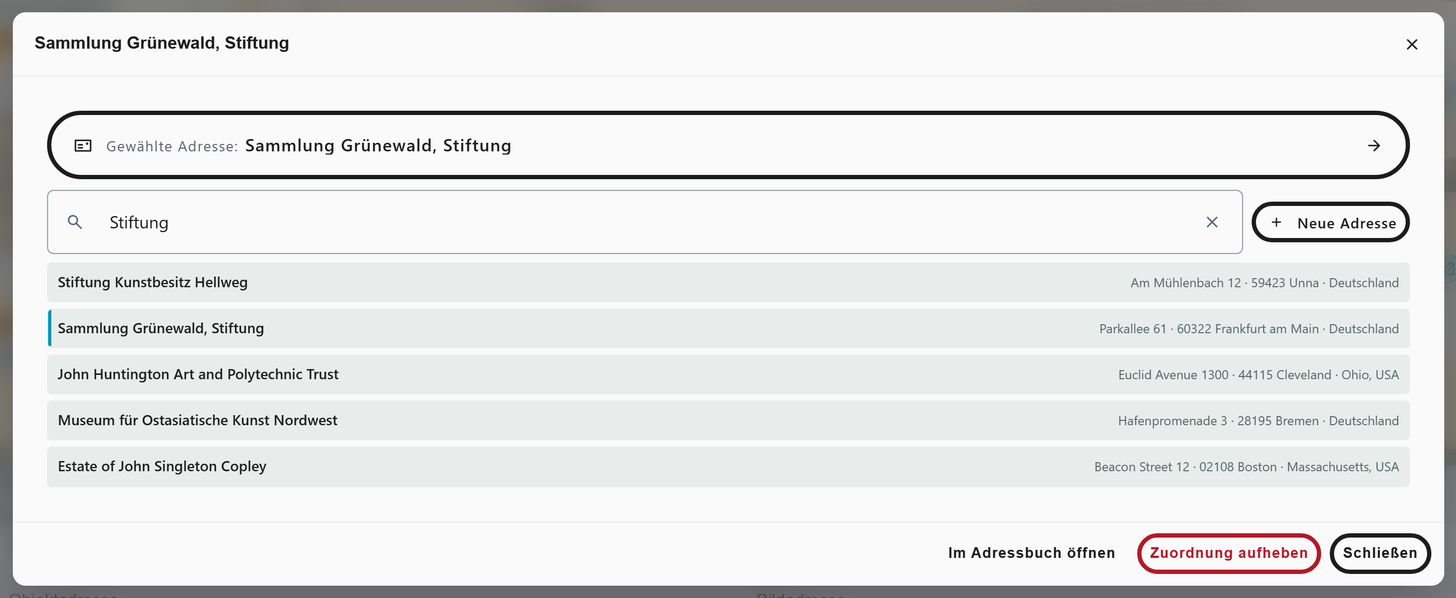Auswahl der Adresse am Feld Leihgeber in Moliri: Suche nach Stiftung und die passenden Einträge aus dem Adressbuch