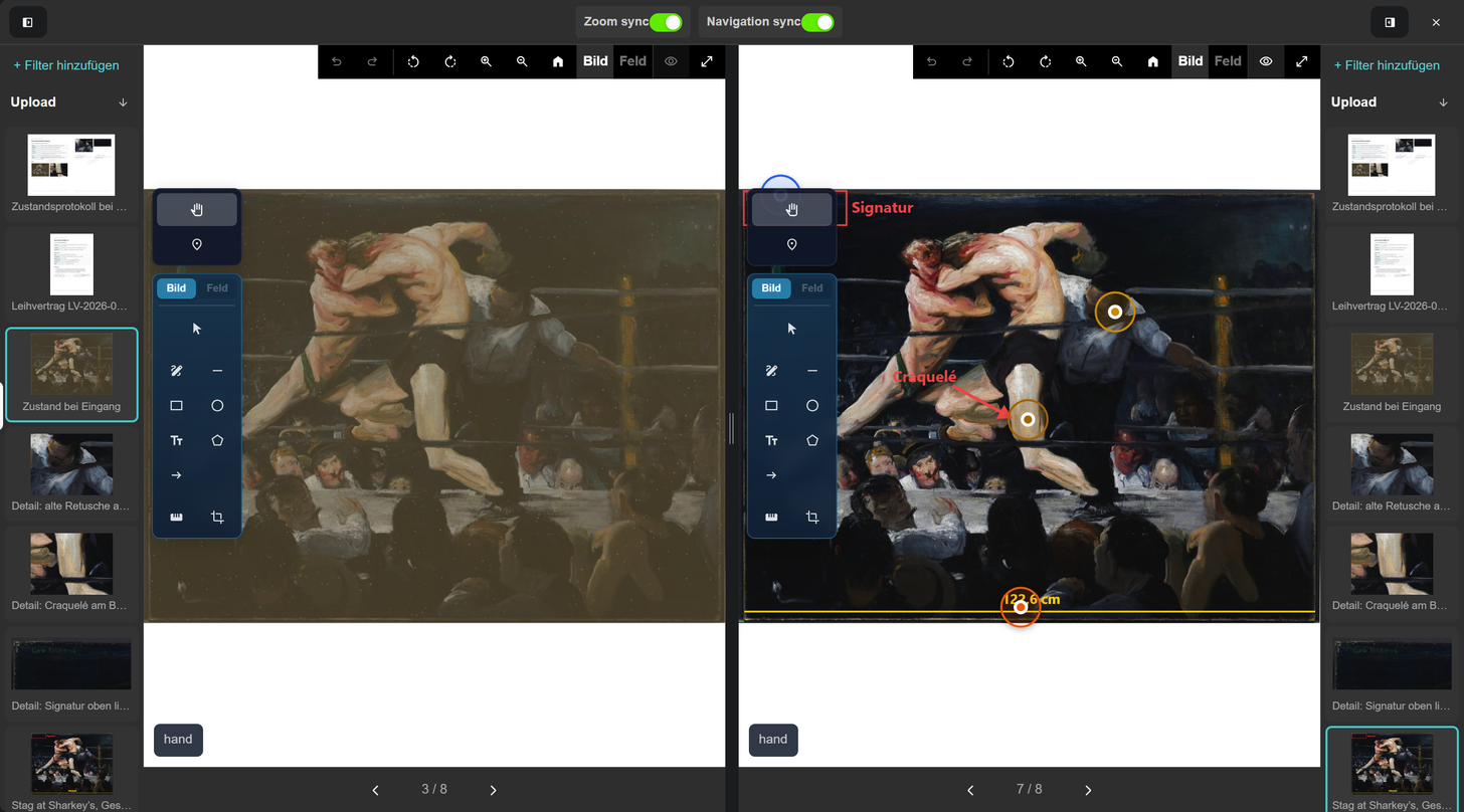 Bilder vergleichen in Moliri: links das Foto vom Zustand bei Eingang, rechts das Titelbild mit Markierungen und Hotspots, oben Zoom sync und Navigation sync eingeschaltet, an den Rändern die Dateien des Objekts
