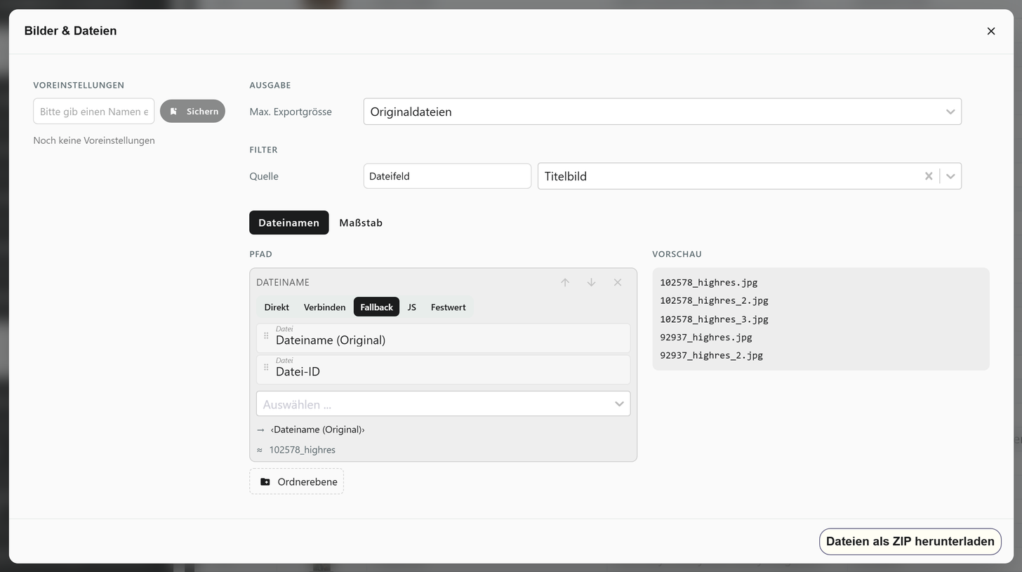 Datei-Export Bilder und Dateien in Moliri: Abschnitte Ausgabe und Filter, darunter der Reiter Dateinamen mit Pfad, Dateiname und der Vorschau der Namen