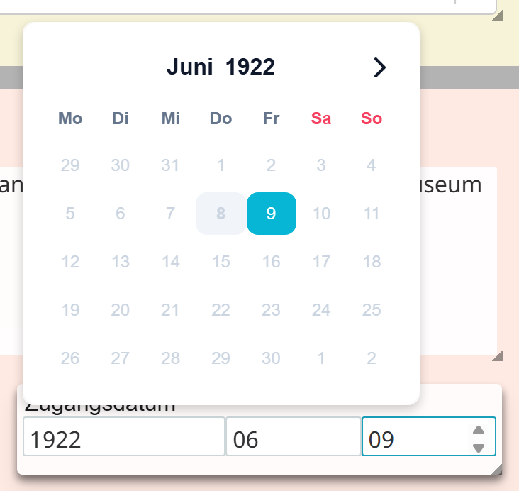 Datumsfeld Zugangsdatum in Moliri mit den Eingaben 1922, 06 und 09 und dem geöffneten Kalender