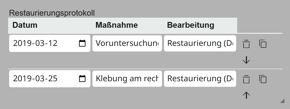 JSON-Schema-Feld Restaurierungsprotokoll in Moliri: die aus dem Schema erzeugte Tabelle mit Datum, Maßnahme und Bearbeitung, zwei Einträge