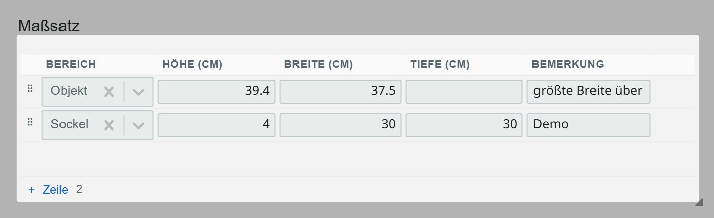 JSON-Feld Maßsatz in Moliri als Tabelle mit den Spalten Bereich, Höhe, Breite, Tiefe und Bemerkung, je eine Zeile für Objekt und Sockel
