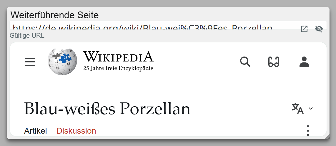 Link-Feld Weiterführende Seite in Moliri mit der Adresse eines Wikipedia-Artikels und darunter der eingebetteten Seite