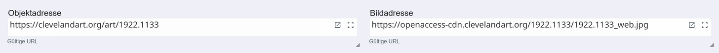 Link-Felder Objektadresse und Bildadresse in Moliri mit gültigen Adressen, darunter der Hinweis Gültige URL und daneben das Symbol zum Öffnen