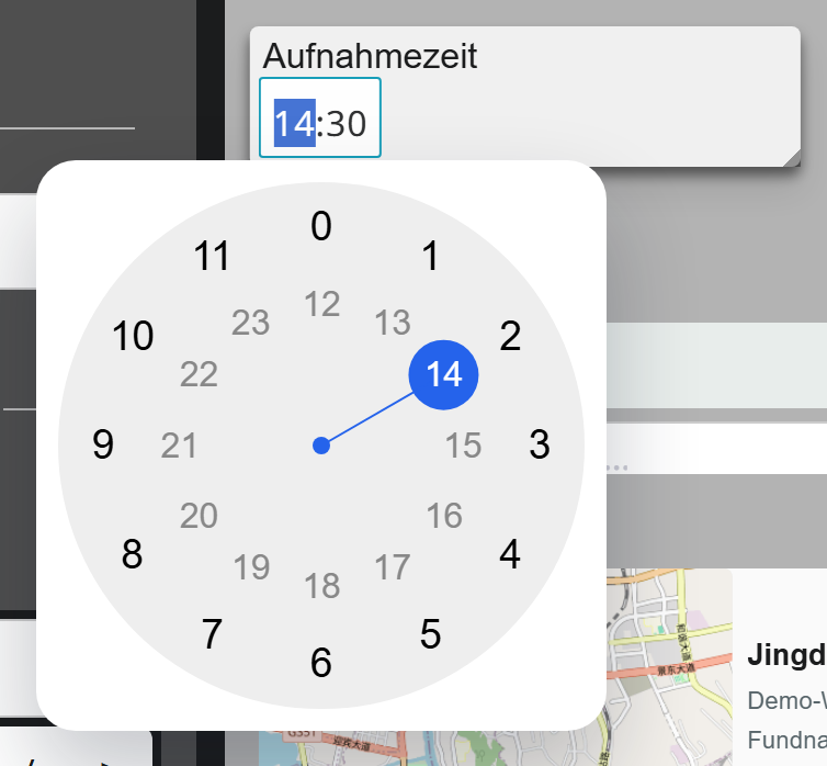 Uhrzeitfeld in Moliri mit geöffnetem Zifferblatt zur Wahl von Stunde und Minute