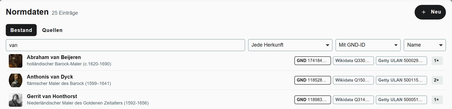 Normdaten-Bibliothek in Moliri, gefiltert auf Einträge mit GND-ID und gesucht nach van: je Eintrag Kennungen aus GND, Wikidata und Getty ULAN und rechts die Zahl der Verwendungen