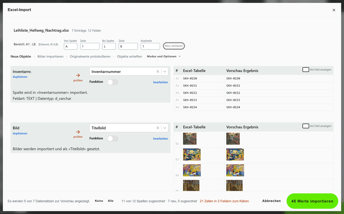 Dialog Excel-Import in Leihanfrage Moderne 2026 mit geladener Liste, Spaltenzuordnung und der Fußleiste mit der Zahl neuer Objekte und der Zellen zum Klären.