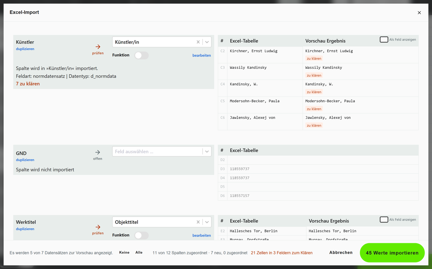 Excel-Import der Liste Leihliste_Hellweg_Nachtrag.xlsx in Leihanfrage Moderne 2026. Die Spaltenzuordnung zeigt je Spalte das Zielfeld mit Gütemarke, die Spalte Künstler steht oben mit ihren Werten zum Klären.
