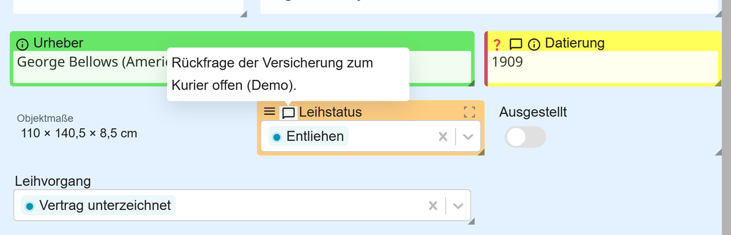 Felder im Layout Leihverkehr von Stag at Sharkey’s mit Anmerkungen: Urheber grün mit Quellensymbol, Datierung gelb mit den Symbolen für unsicher, Kommentar und Quelle, Leihstatus orange mit Kommentarsymbol. Über Leihstatus steht der Kommentar als Hinweis.