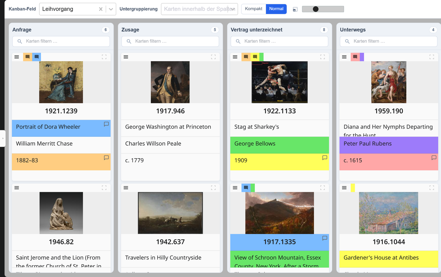 Kanban der Sonderausstellung 2026 mit dem Kanban-Feld Leihvorgang. Die Spalten Anfrage, Zusage, Vertrag unterzeichnet und Unterwegs zeigen je eine Karte pro Leihgabe mit Bild, Inventarnummer, Titel und Urheber.