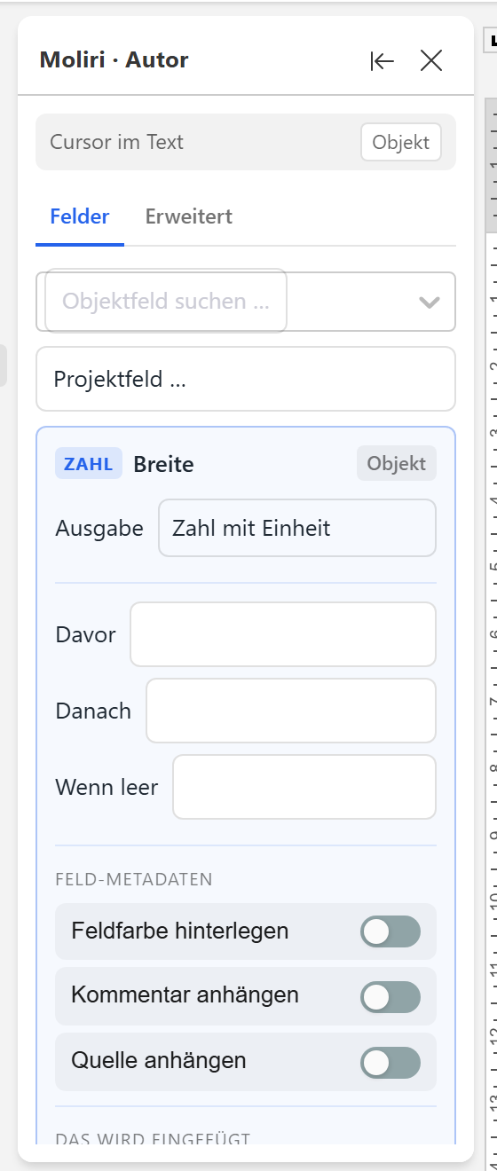 Autor-Panel im Vorlagen-Editor mit dem Zahlenfeld Breite: Ausgabe Zahl mit Einheit statt Rohwert, darunter der Beispielwert und die Formatwahl
