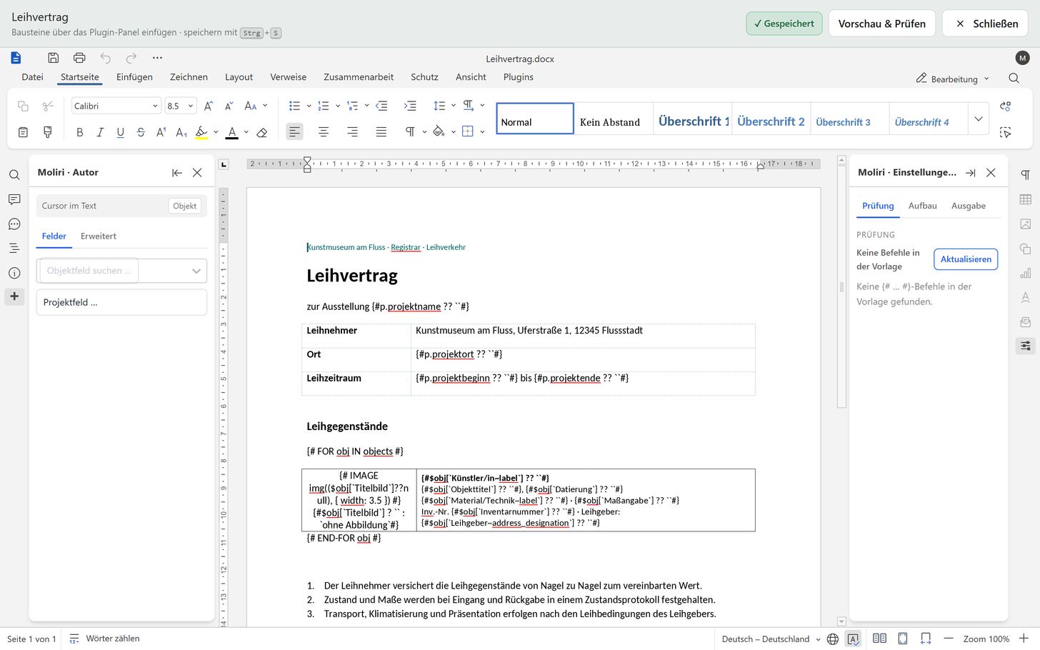 Vorlagen-Editor mit dem Leihvertrag: links das Panel Moliri Autor mit Cursor im Text und den Reitern Felder und Erweitert, rechts Moliri Einstellungen mit den Reitern Prüfung, Aufbau und Ausgabe und der Liste der Befehle