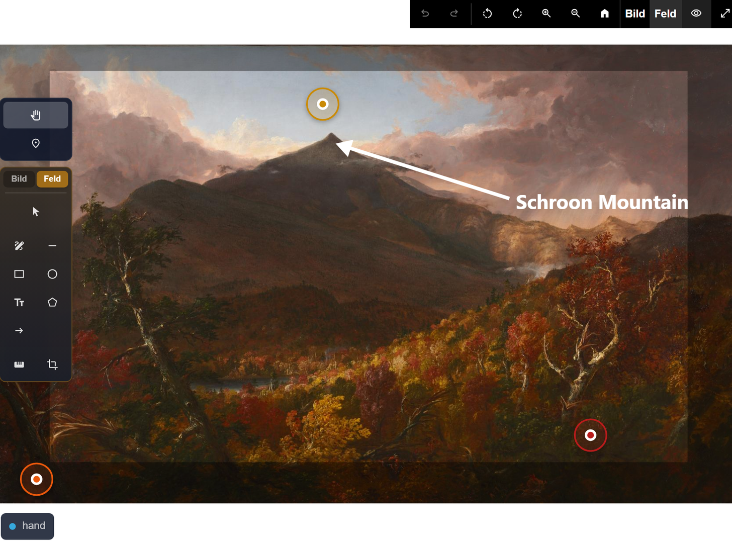 Bildstudio am Titelbild von View of Schroon Mountain: in der Werkzeugleiste der Umschalter Bild und Feld, gewählt ist Feld. Auf dem Bild ein Pfeil mit dem Text Schroon Mountain, der nur zu diesem Feld gehört.
