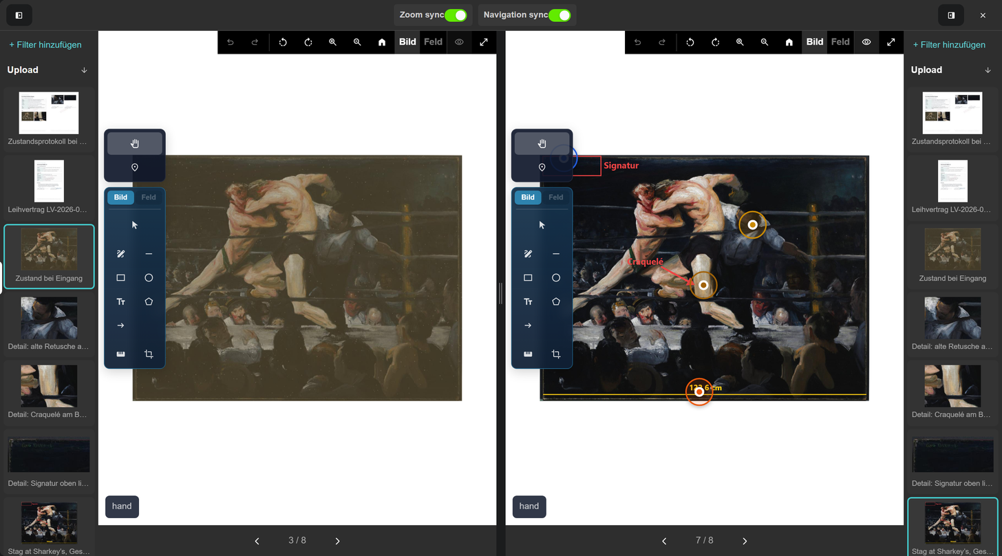 Bilder vergleichen in Moliri: links das Foto vom Zustand bei Eingang, rechts das Titelbild mit Markierungen und Hotspots, oben Zoom sync und Navigation sync eingeschaltet, an den Rändern die Dateien des Objekts